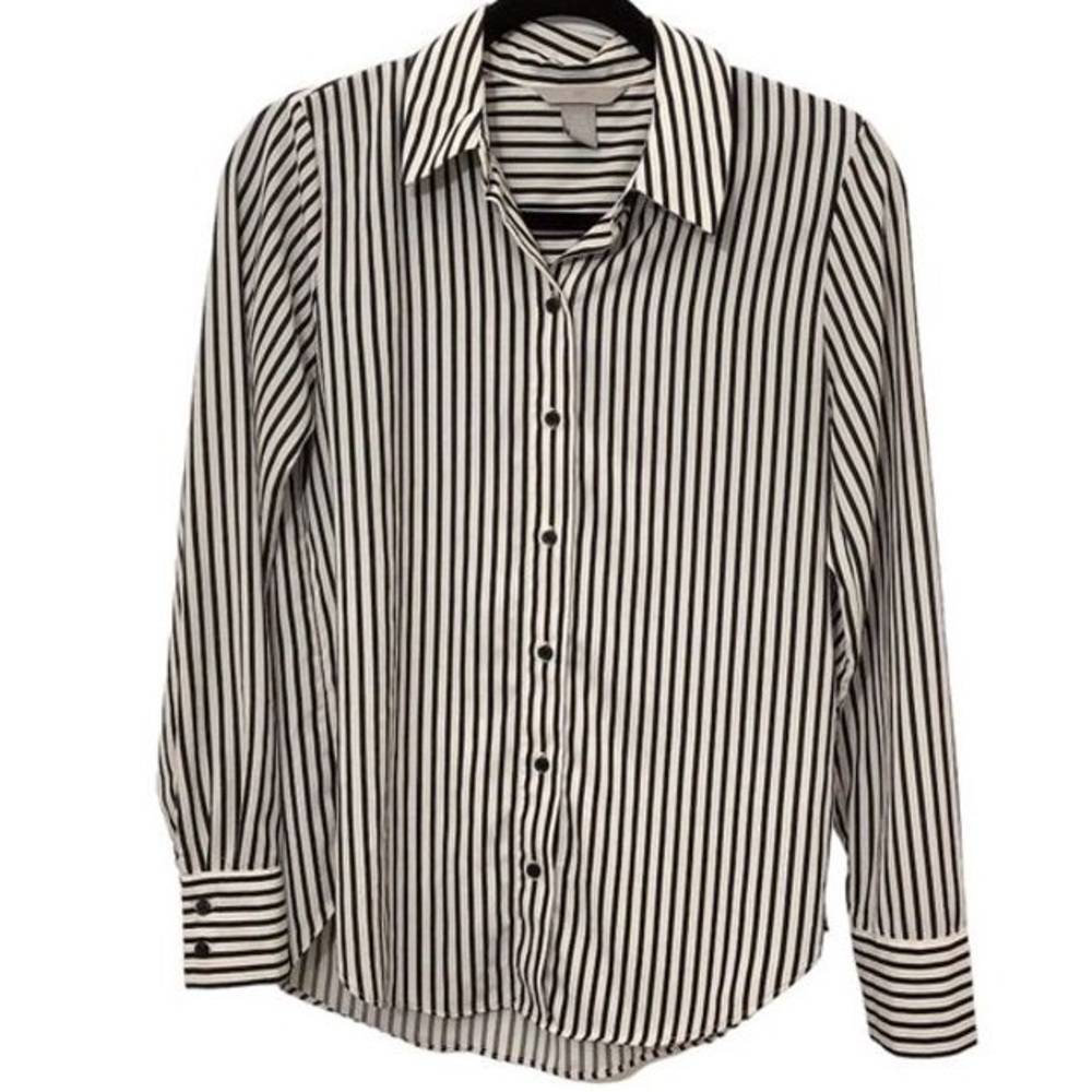H&M Striped Black&White Business Casual Polyester Button Down Size Small